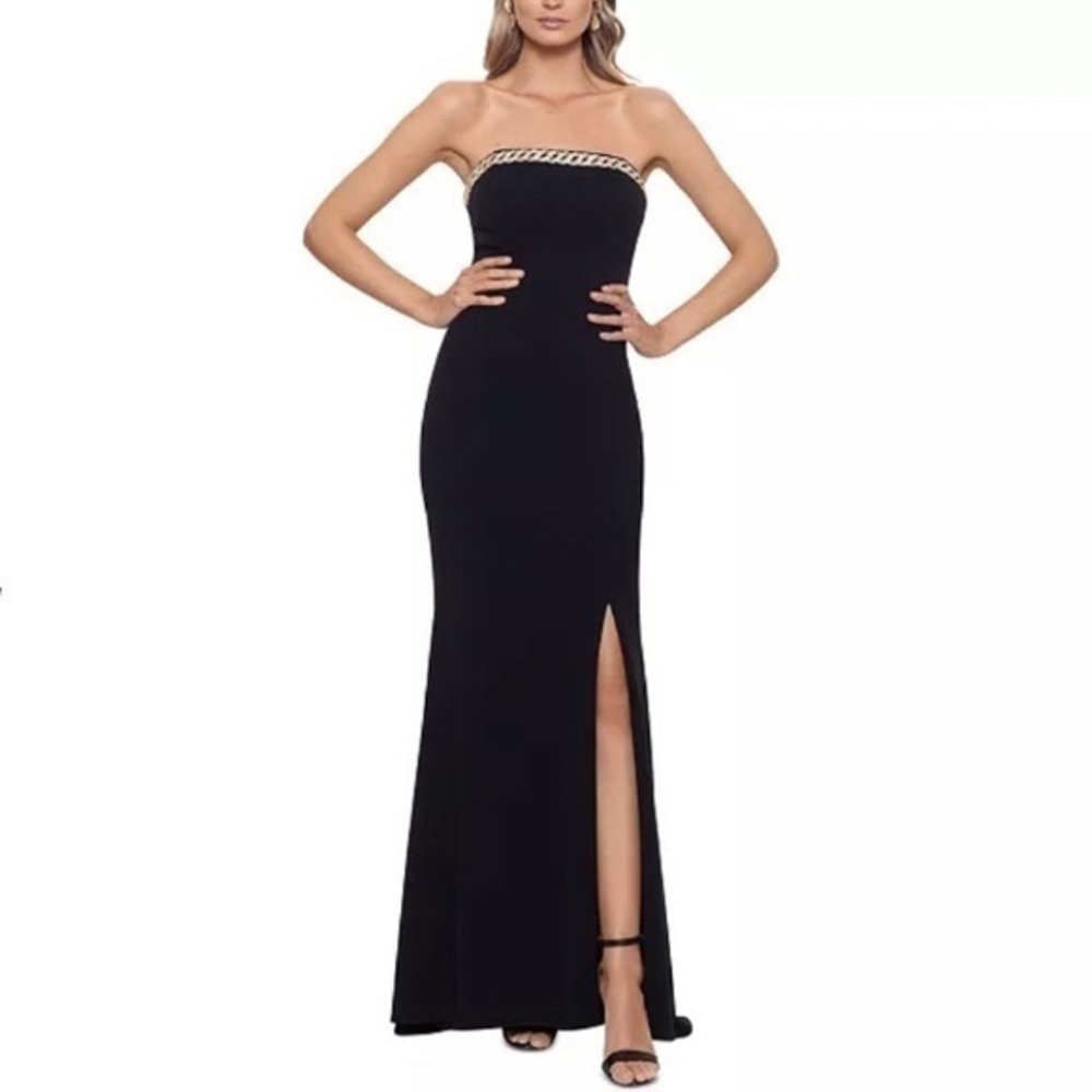 XSCAPE Embellished Strapless Gown in Black/Silver